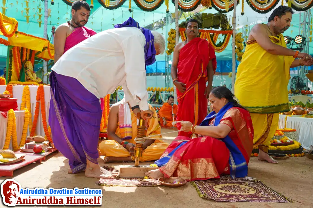 Airanimanthan, the ancient Vedic ritual of churning fire, is performed to kindle the sacred flame for the Ekadin Saadhya Shree Ganesh Pratishthaa Yaag during Shree Maghi Ganpati Janmotsav